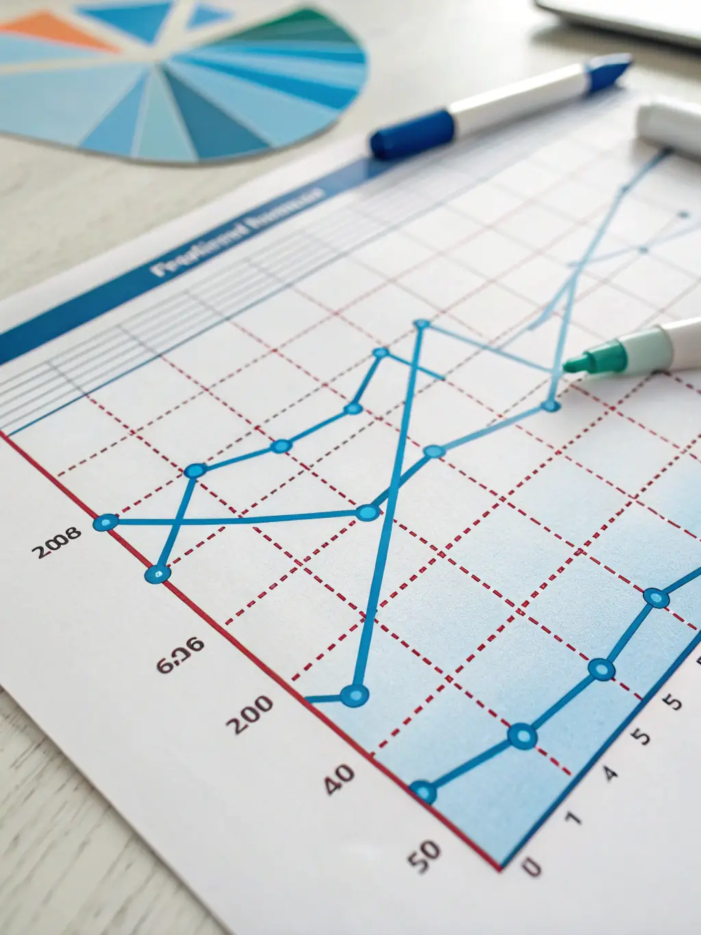 A predictive model forecasting future financial outcomes based on historical data and current market trends, displayed as a line graph with confidence intervals.