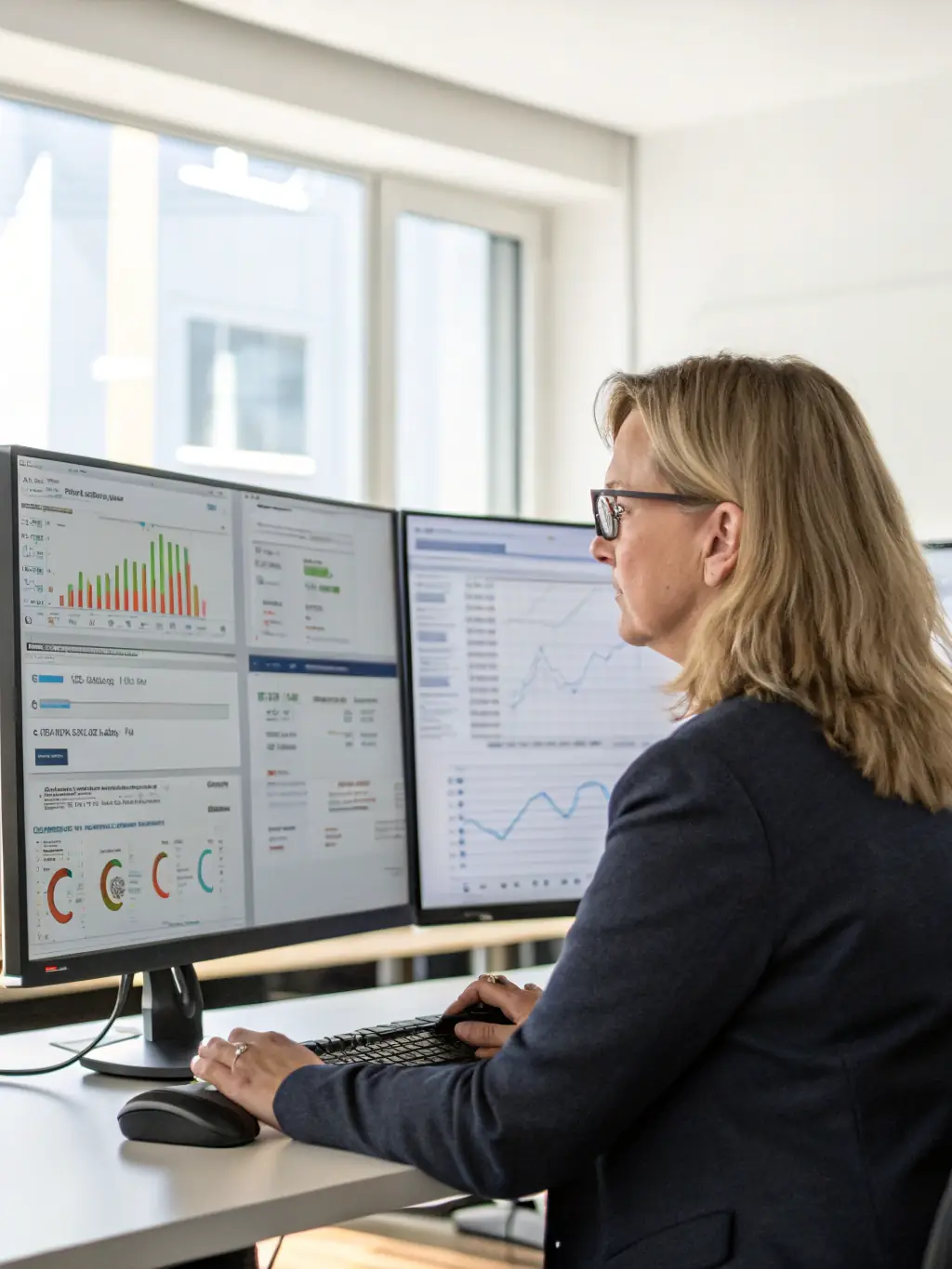 A professional workspace featuring a financial analyst reviewing a complex data visualization dashboard on a large monitor, with multiple charts and graphs displayed, indicating detailed financial analysis.